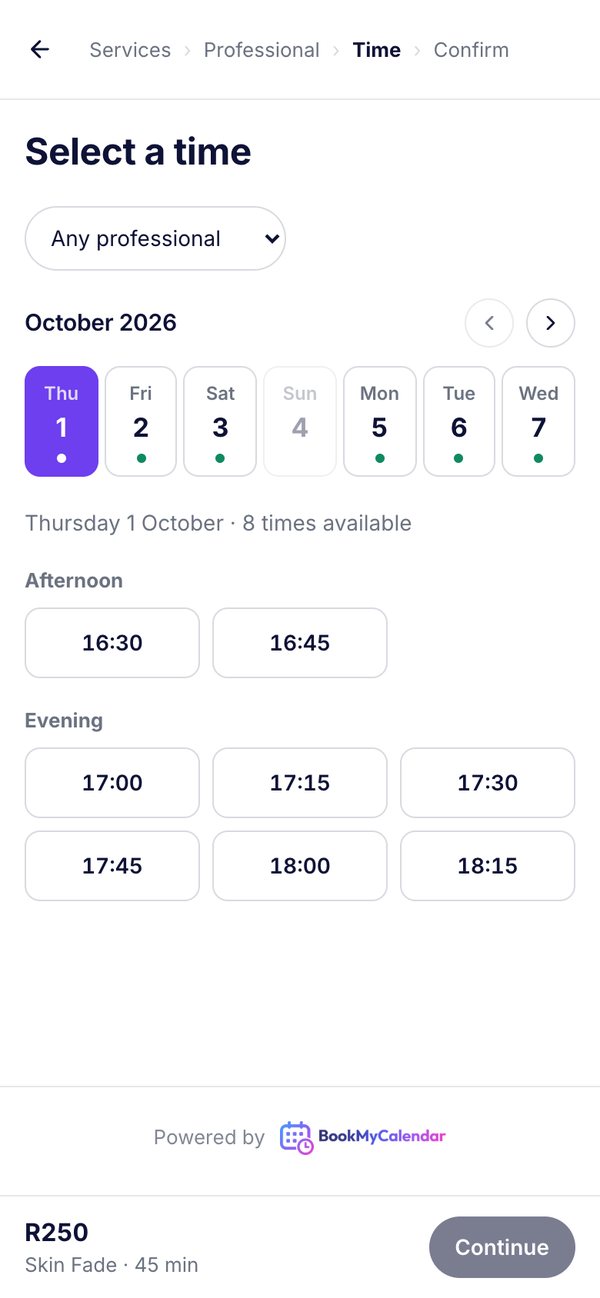 The Kingsmen booking page on a phone, with services and available times