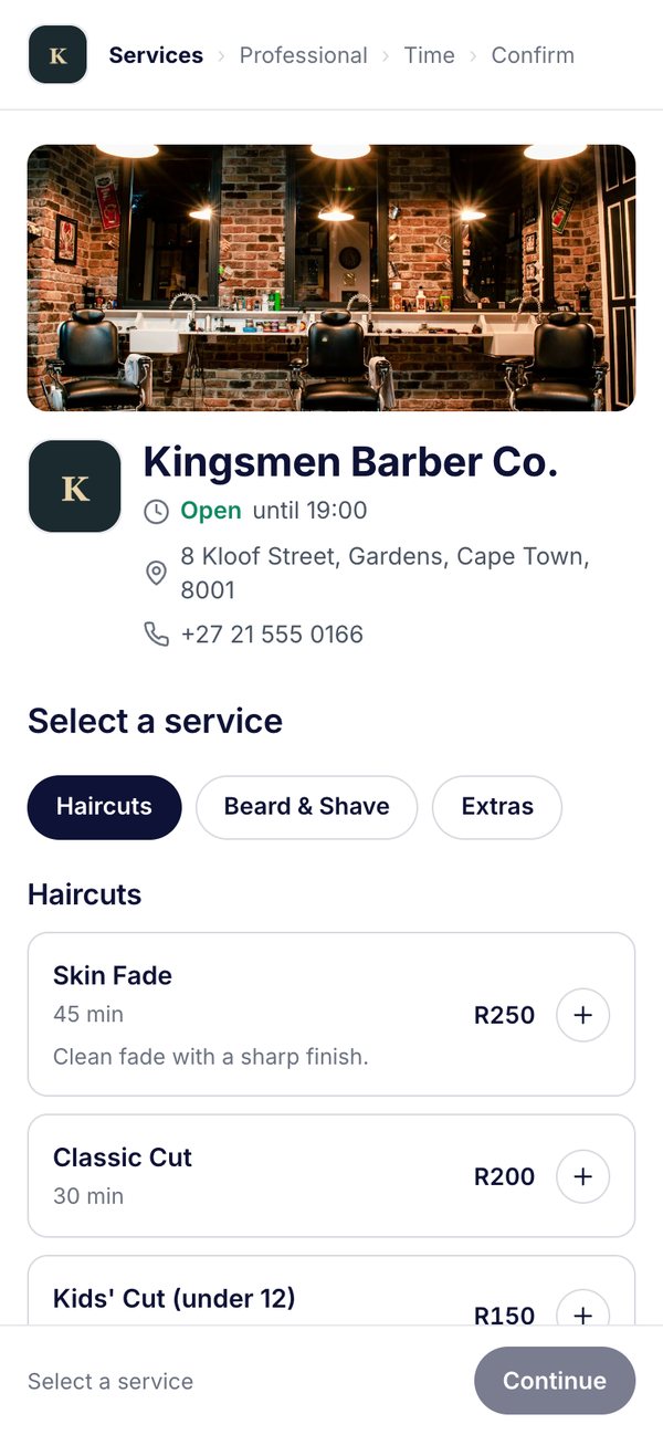 A booking page for a barbershop on a phone