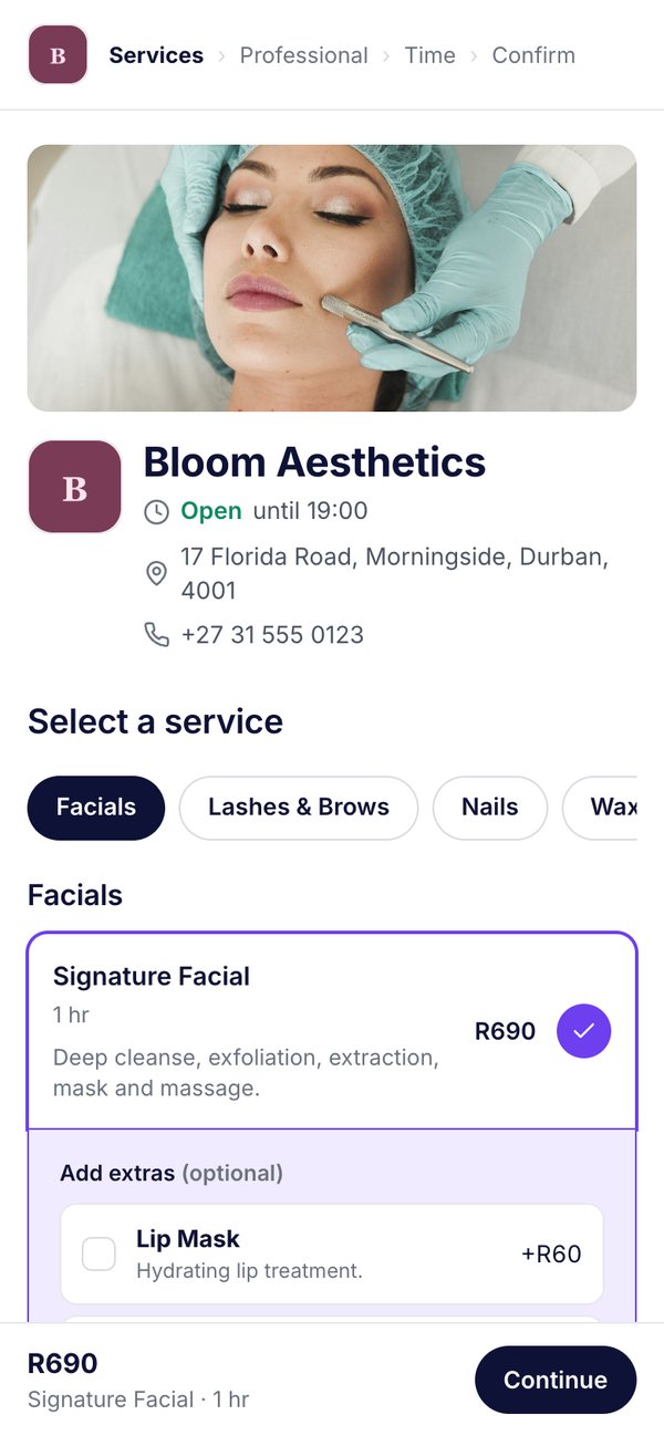 The Bloom Aesthetics booking page on a phone, with add-ons and available times