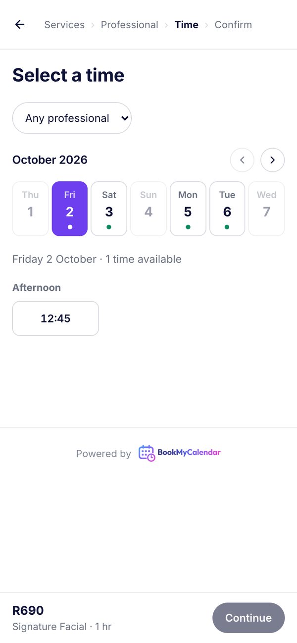 The Bloom Aesthetics booking page on a phone, with add-ons and available times