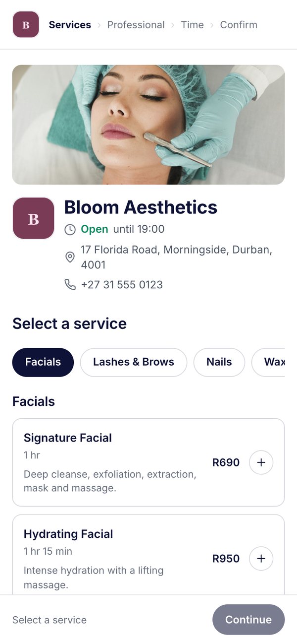 A booking page for a beauty business on a phone