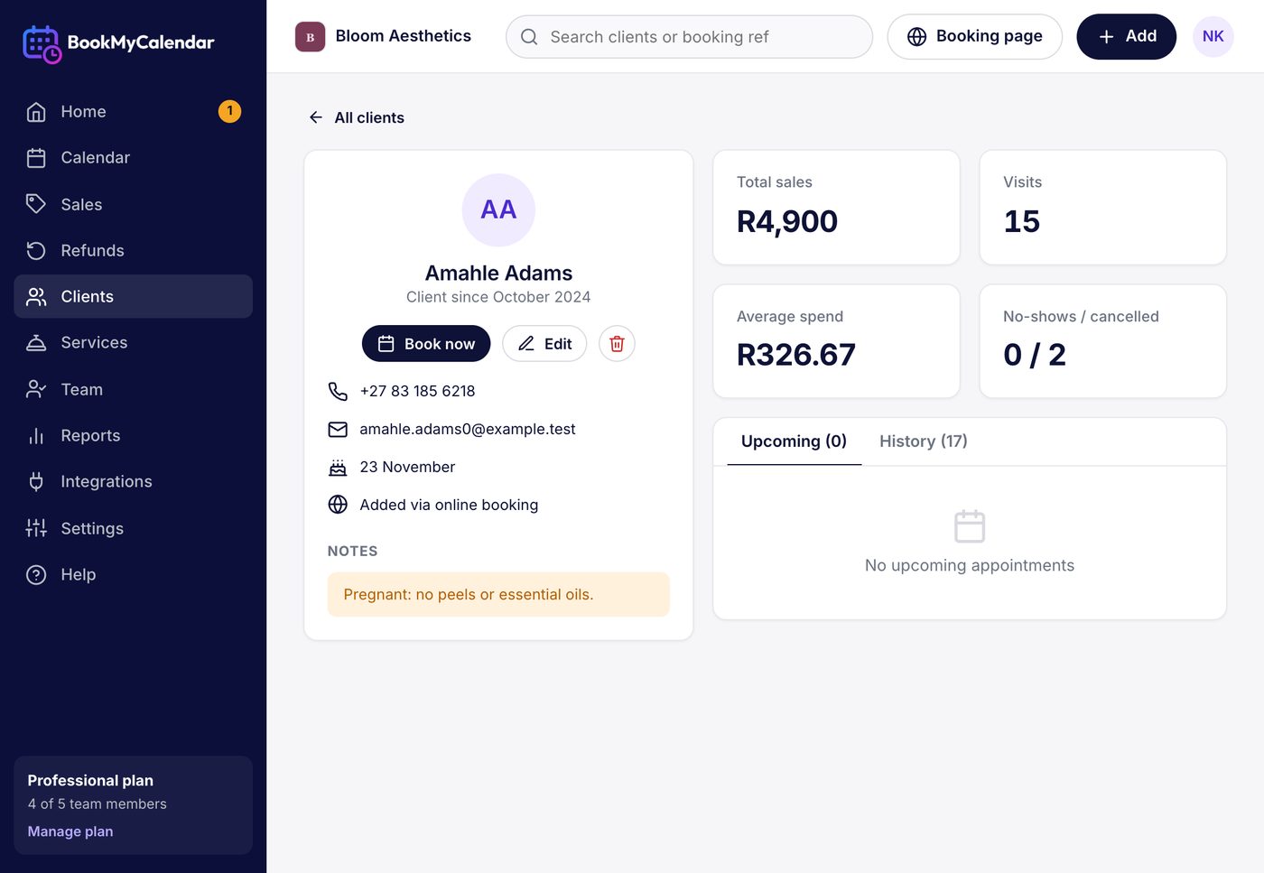 A client record with notes, upcoming and past bookings