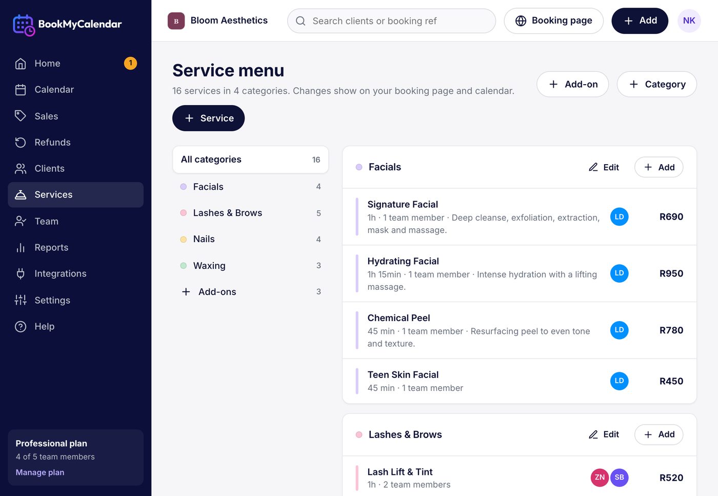 The service menu with categories, prices and team members