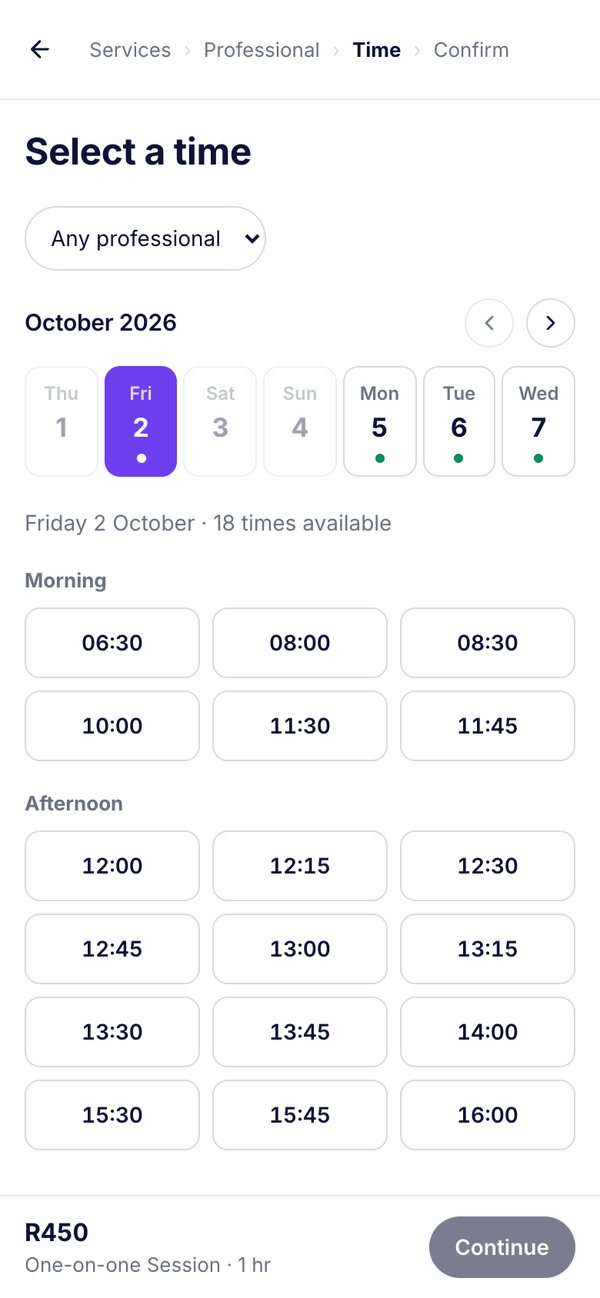 The Iron & Oak booking page on a phone, with services and available times