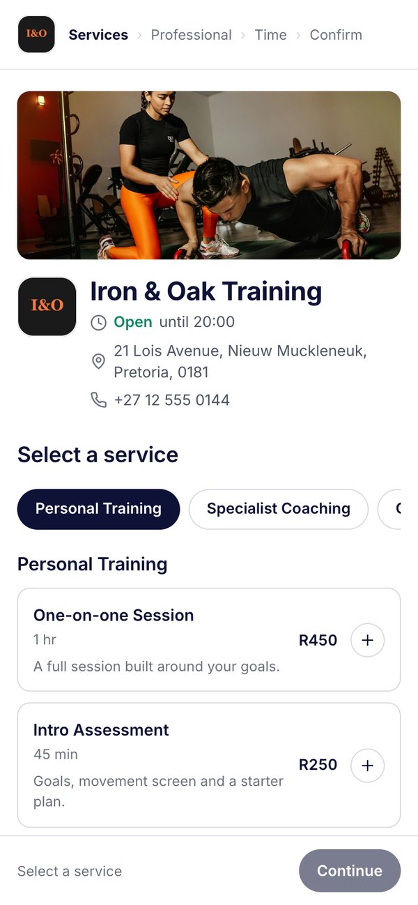 A booking page for a fitness business on a phone