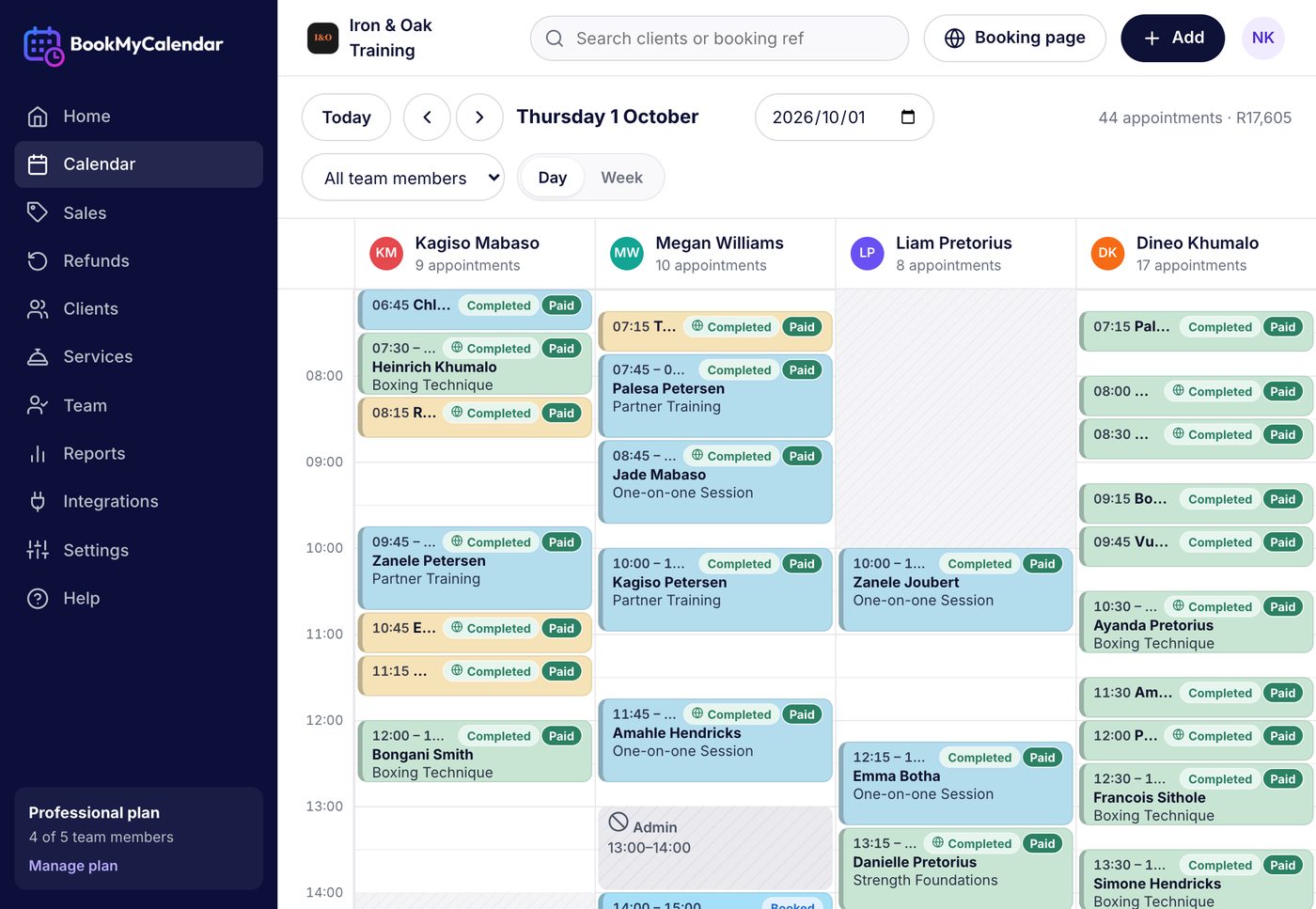 The Iron & Oak calendar with four coaches and a day of sessions