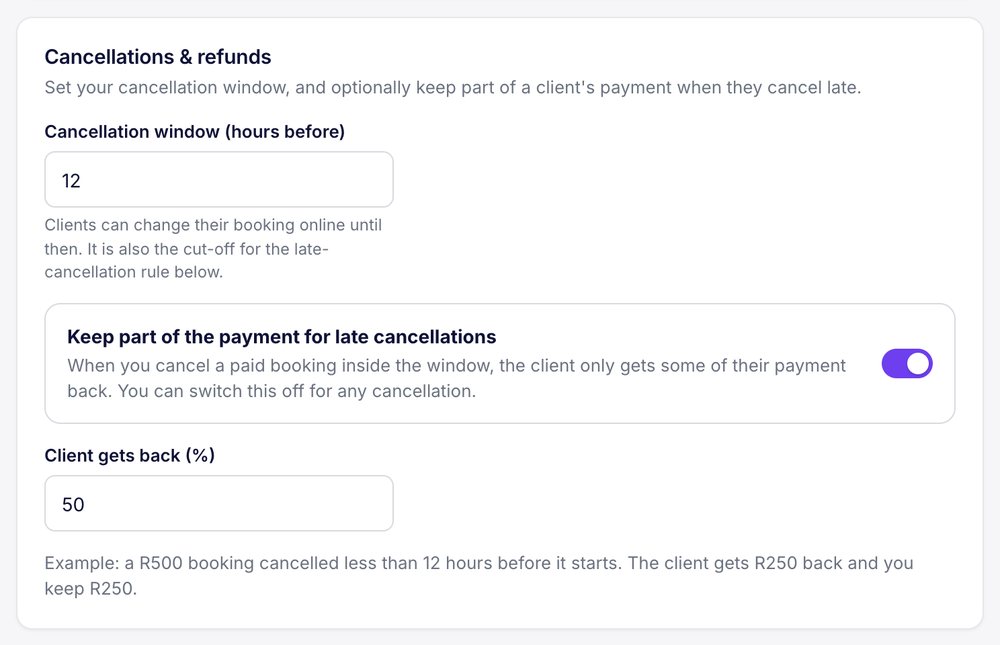 The cancellation policy settings