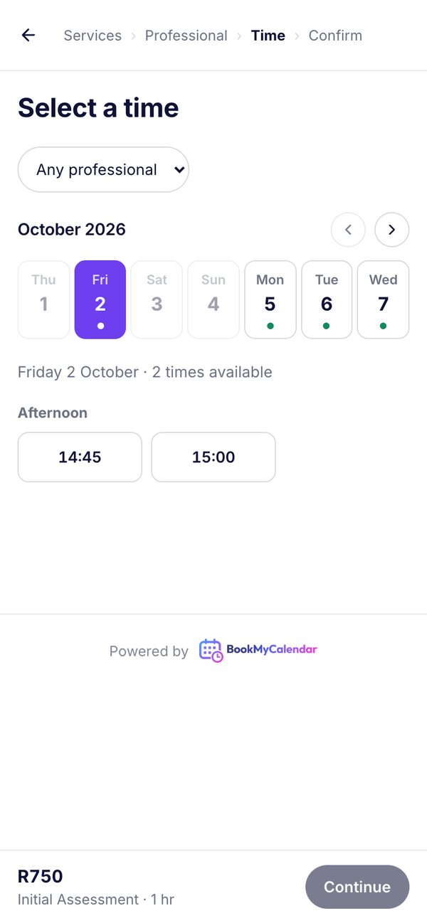 The Harbour Physio booking page on a phone, with services and available times