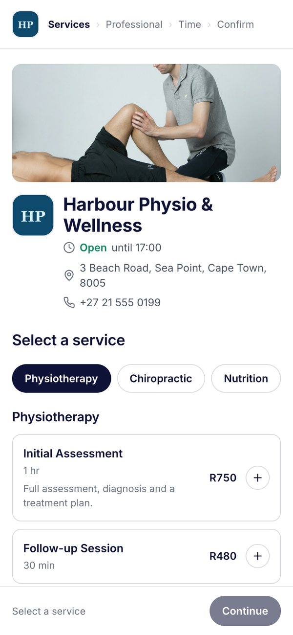 A booking page for a health practice on a phone