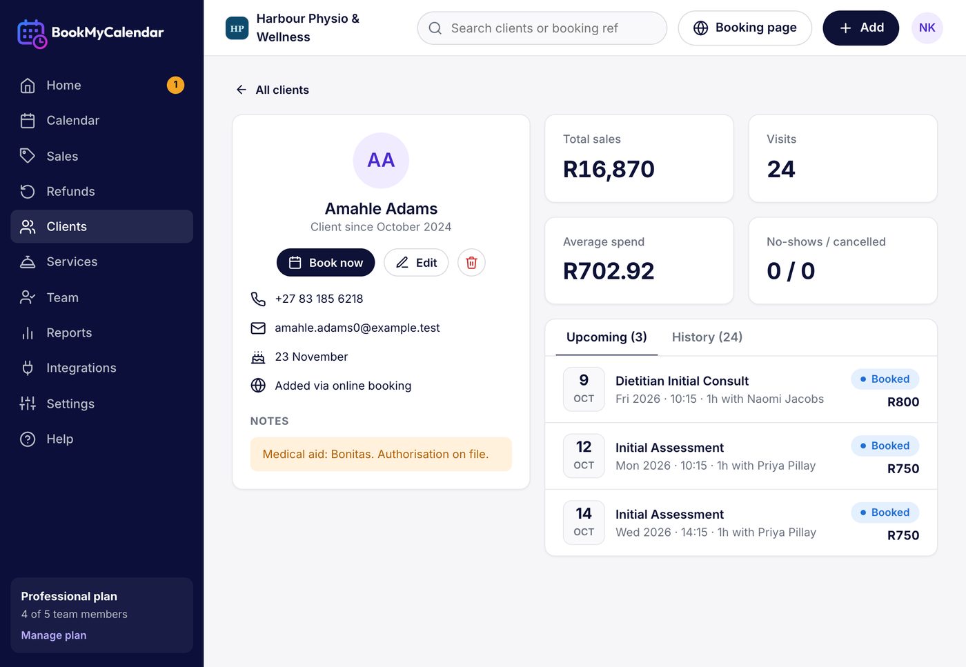 A patient record with notes and upcoming bookings