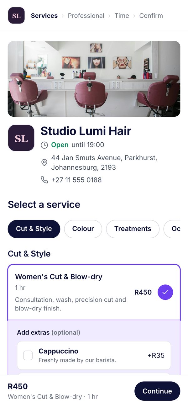Optional add-ons shown when a client selects a service