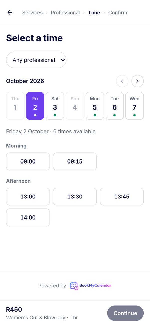 The Studio Lumi booking page on a phone, with services and available times