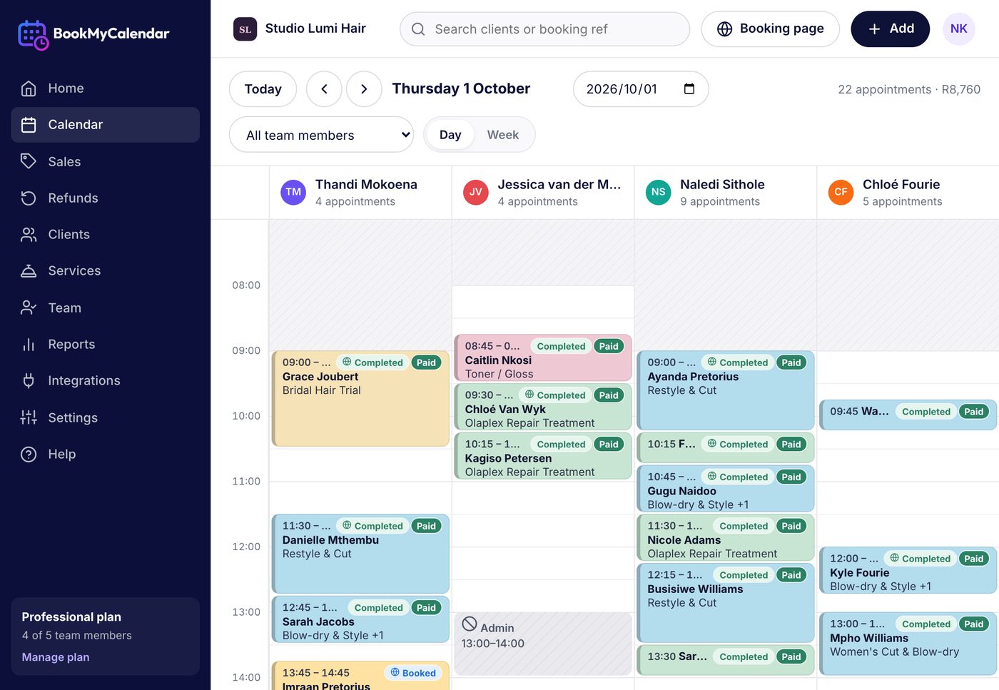 The Studio Lumi calendar showing four stylists and their bookings for the day