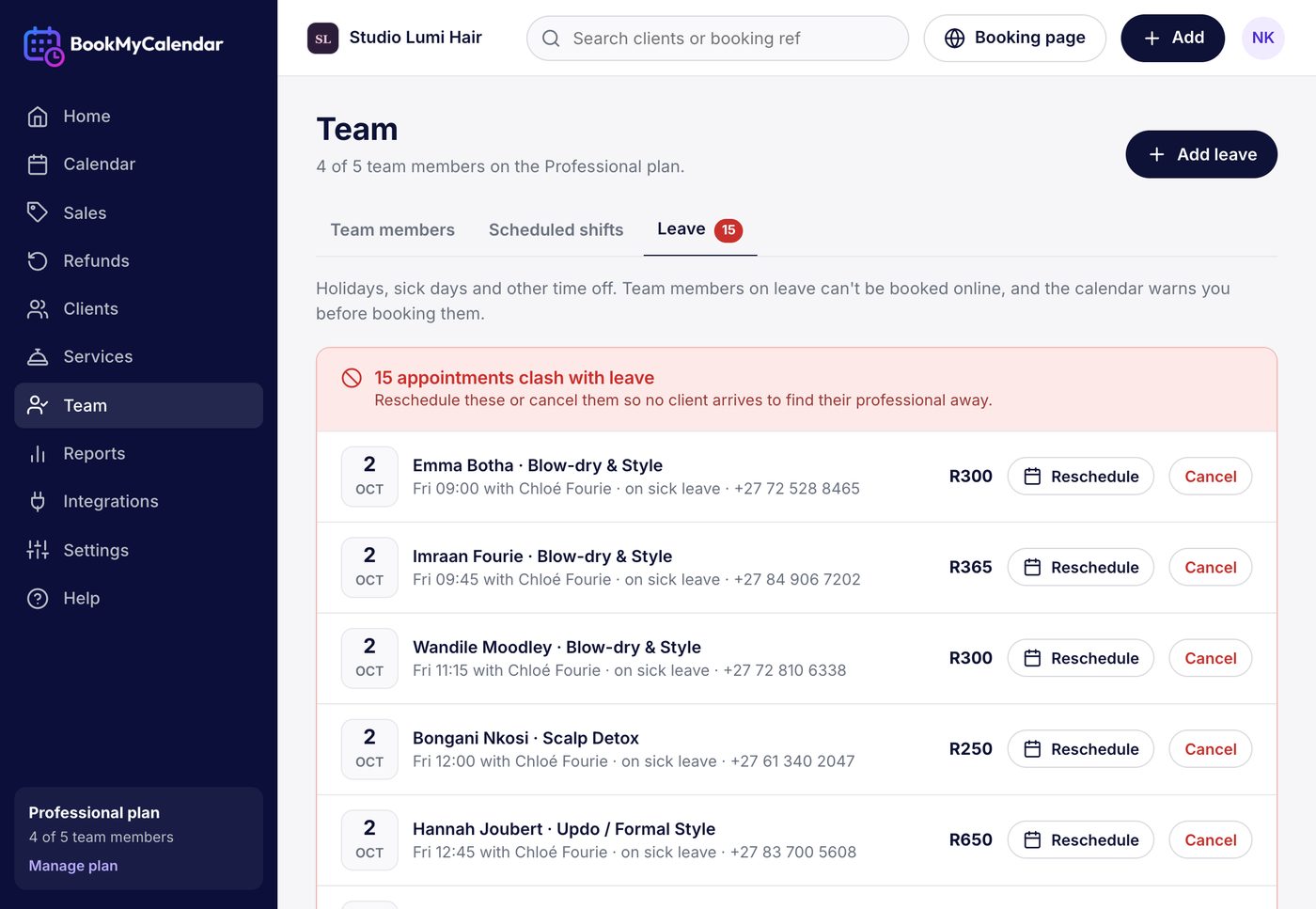 The leave list showing team members who are away
